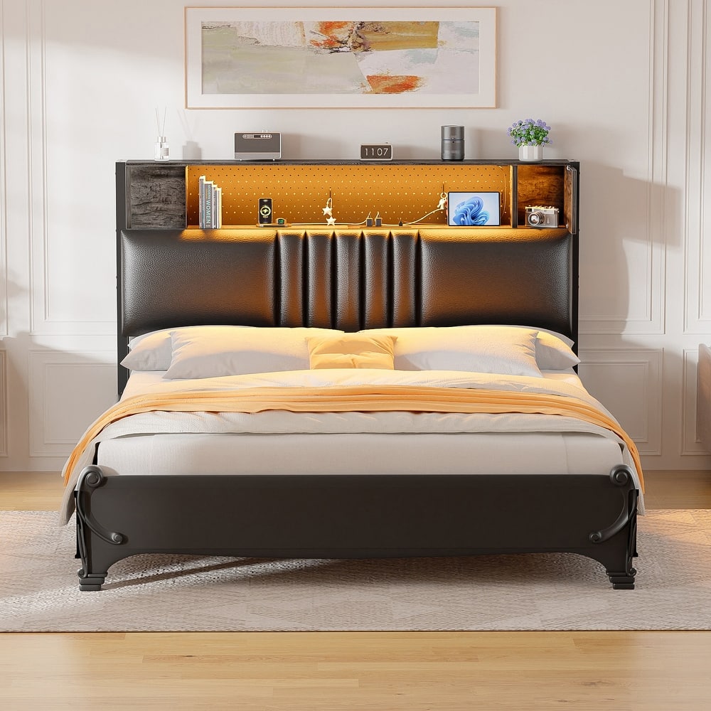 Upholstered Headboard with Storage Shelf and Small Cabinet, Headboard Power Outlet and LED Light