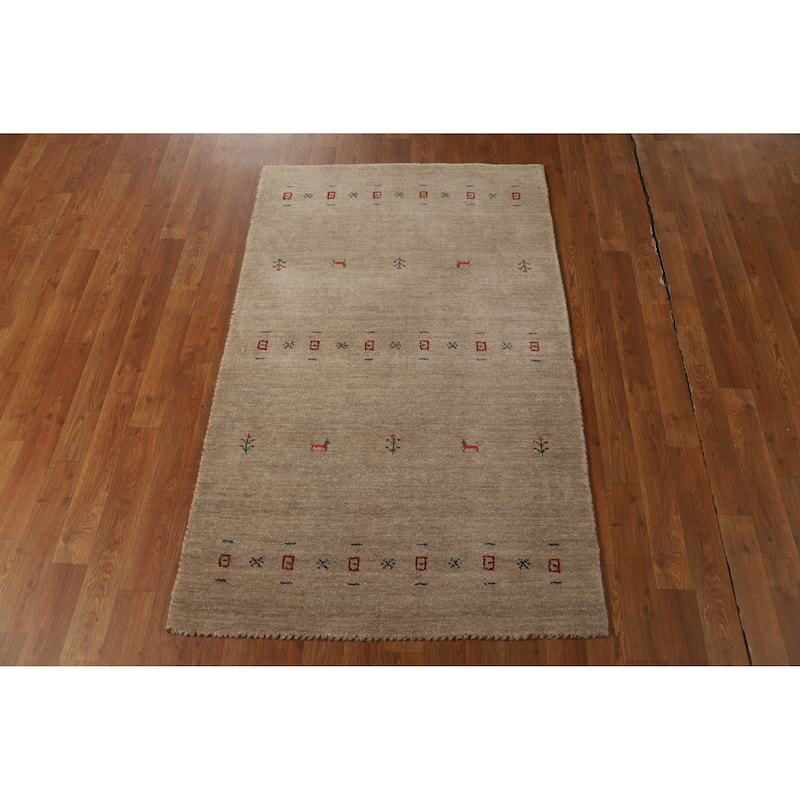 Hand Knotted Oriental 100% Wool Carpet Tribal Animal Pictorial Brown Gabbeh Area Rug - 4' 10'' X 3' 1''