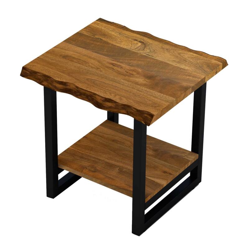 Brown Solid Wood Square End Table with Black Iron Frame and Storage Shelf - 20” x 20” x 24” (D x W x H)