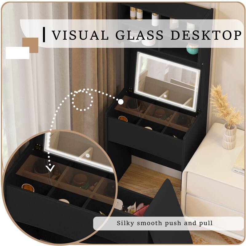 Makeup Vanity Table with Flip Top LED Illuminated Mirror & Stool