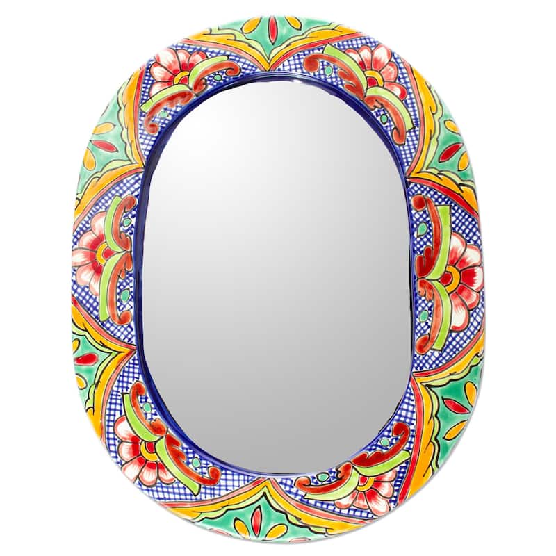 Novica Handmade Talavera Wreath Ceramic Wall Mirror