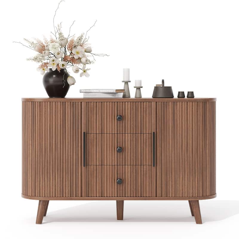 Sideboard Buffet Cabinet with 2 Sliding Tambour Doors and 3 Drawers, Storage Cabinet with Adjustable Shelves for Living Room