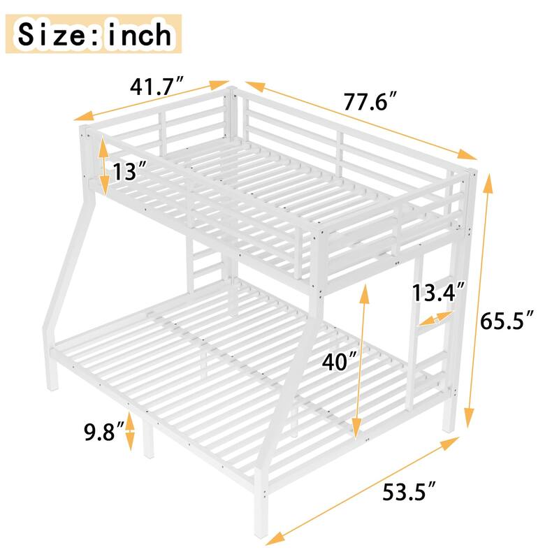 White Metal Twin over Full Bunk Bed Frame with Slats, 2 Side Ladder