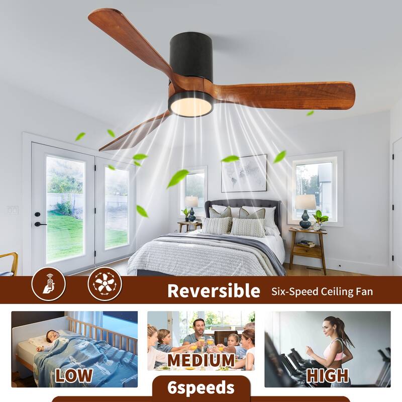 Indoor/Outdoor Flush Mount Ceiling Fan with Light & Remote Control, Rustic Wood Ceiling Fan, 6-Speed Reversible DC Motor Fan
