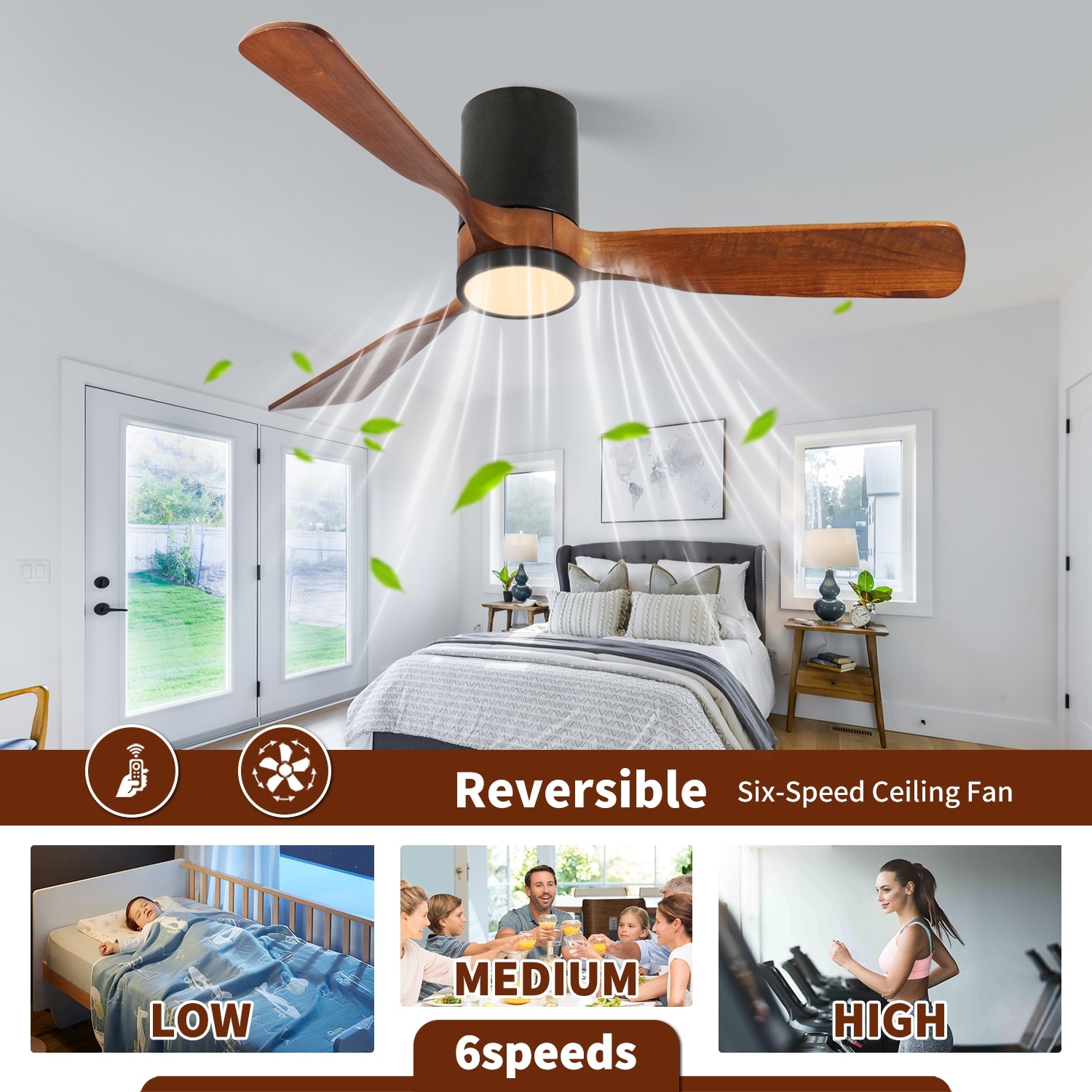 Led Indoor/Outdoor Flush Mount Matte Black Ceiling Fan With Wood Blades, 6-Speed Dc Remote Control