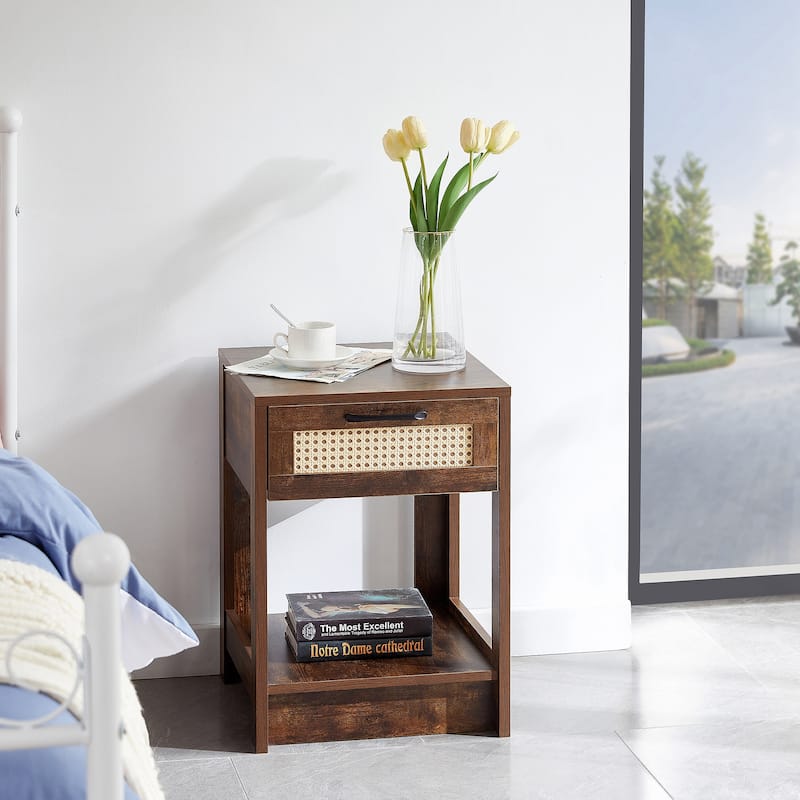 15.75" Rattan End table with drawer, Modern nightstand, side table for living roon, bedroom - Rustic Brown