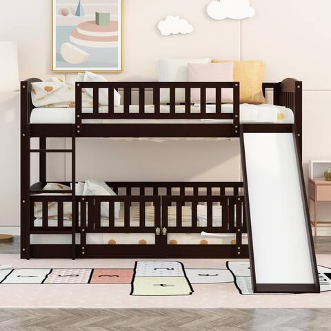 Merax Twin/Full Low Bunk Bed with Slide, Fence and Ladder