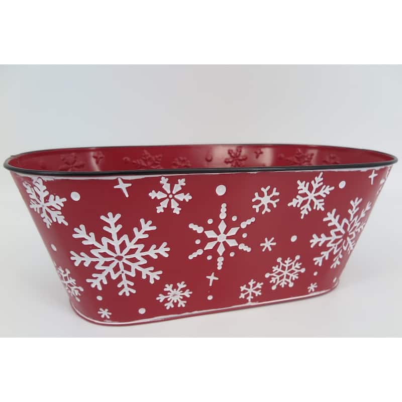Red With White Snowflakes Metal Planter