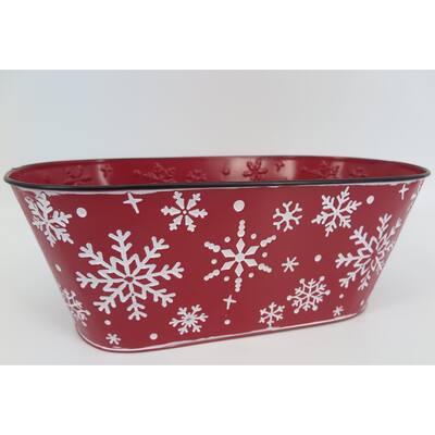 Red With White Snowflakes Metal Planter