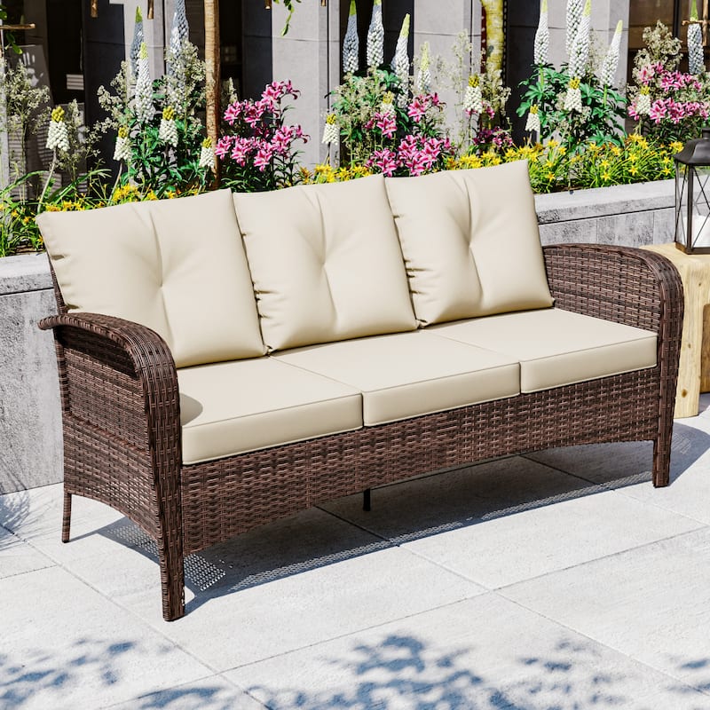 Cozywor 72"Wide 3-Seat Brown Wicker Outdoor Sofa, Couch Patio Sofa with Deep Seating and Thick Cushions, Red