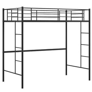 Twin Size Space-saving Metal Loft Bed with Full-Length Guardrail and 2 Ladders-Black - Black