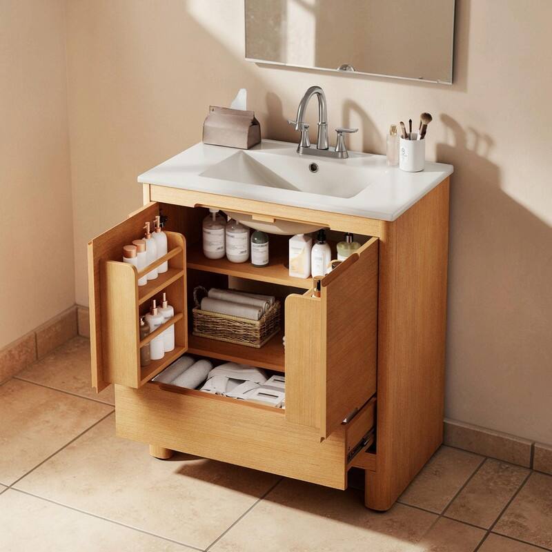 30 Inch Modern Bathroom Vanity with Ceramic Sink, Natural Wood Grain Cabinet, Solid Wood Frame