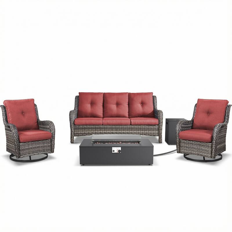 Pocassy Outdoor 5 Pieces Sofa Swivel Chair with Fire Pit Table