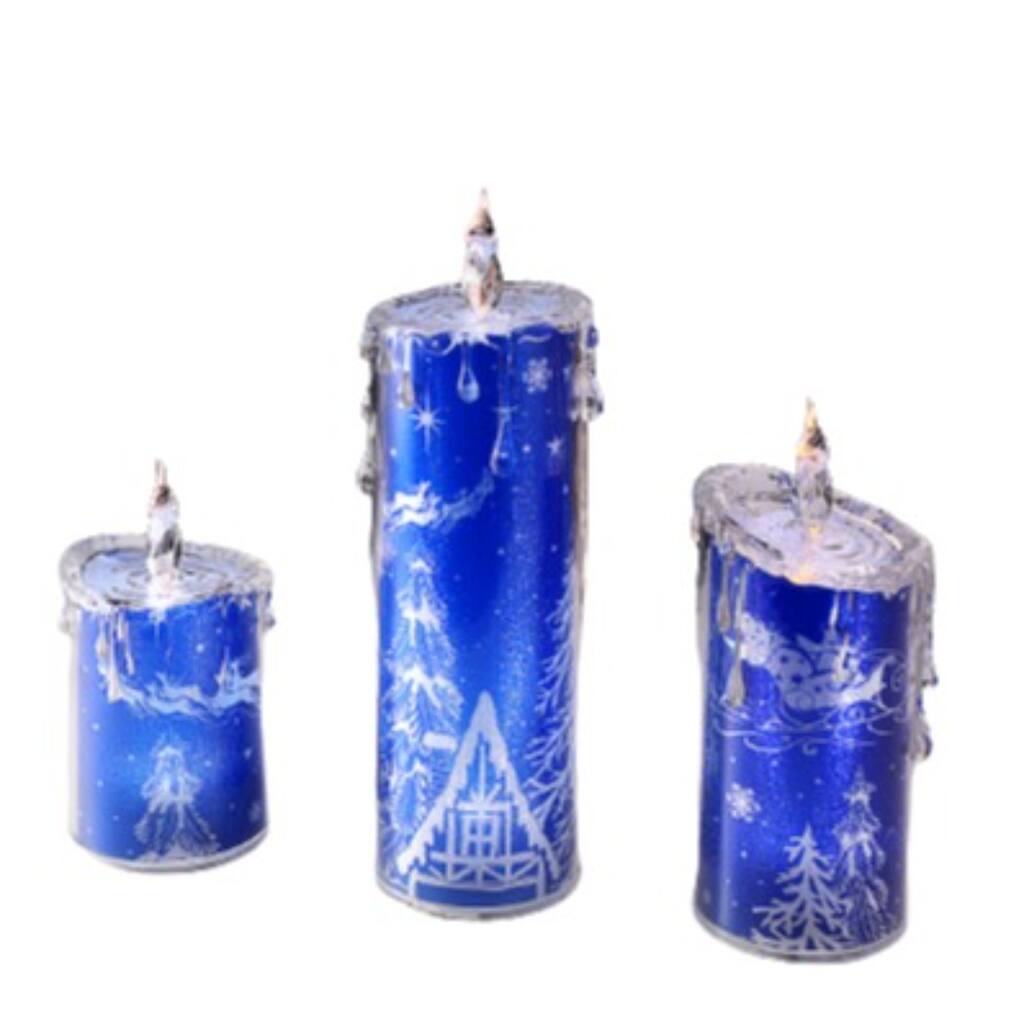 3-Piece Santa With Sleigh LED Flameless Candle Lights 9.5" Blue Clear