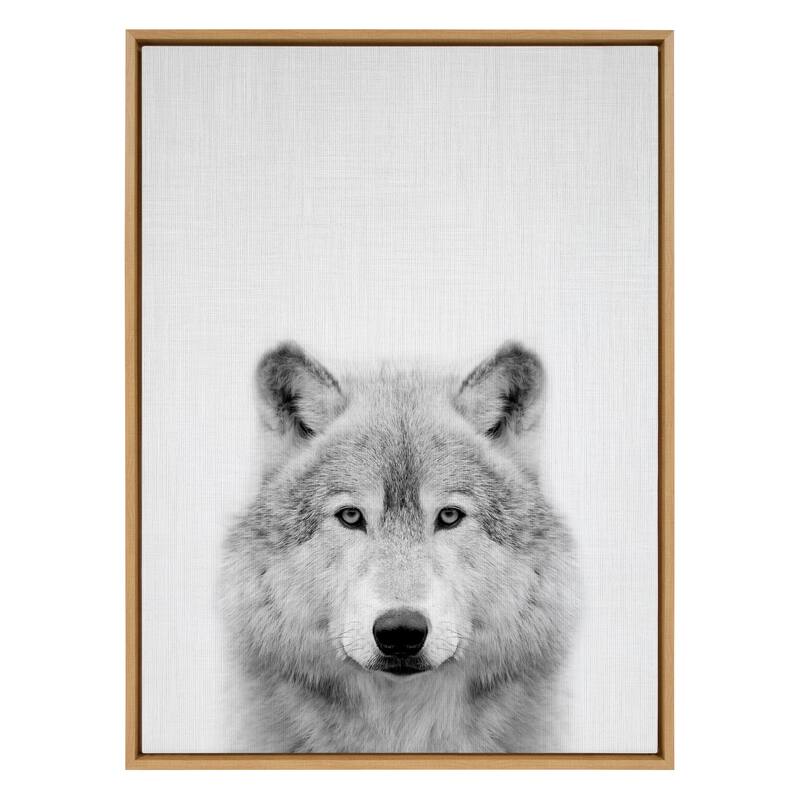 Kate and Laurel Sylvie Wolf Black and White Portrait Framed Canvas Wall Art by Simon Te Tai, 18x24 Gray