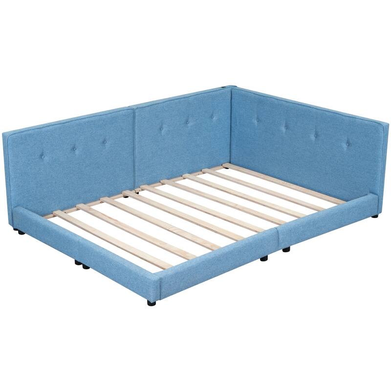 Queen Size Linen Daybed Bed w/ USB Ports Upholstered Platform Bed Frame & Solid Wood Slats Support, Space-Saving/Easy Assembly