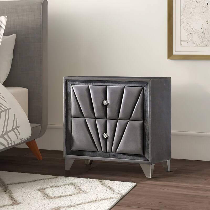 2 Drawer Fabric Frame Nightstand with Tufted Accent, Gray