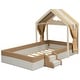 preview thumbnail 5 of 12, Brown+White Twin Size Upholstered House Bed with Curtains for Kids
