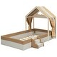 preview thumbnail 5 of 12, Brown+White Twin Upholstered House Bed with Curtains for Kids