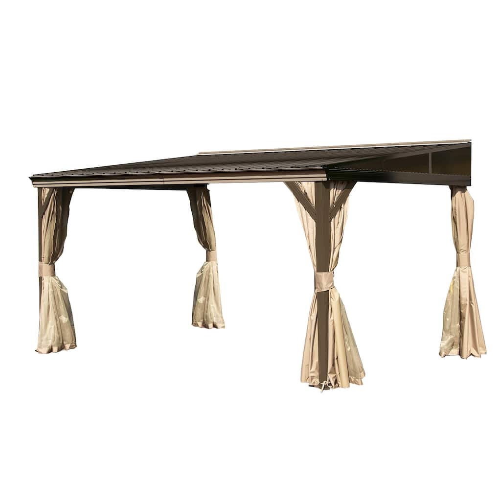 10x14FT Wall Mounted Metal Roof Gazebo with Gutters, Netting, and Privacy Curtains