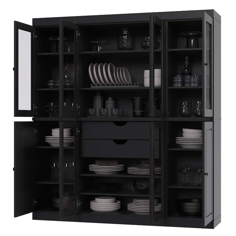 Palace Imports 100% Solid Wood Kitchen China Cabinet Pantry with Glass or Solid Wood Doors and 2-Drawer Kit - 65" x 71.5"