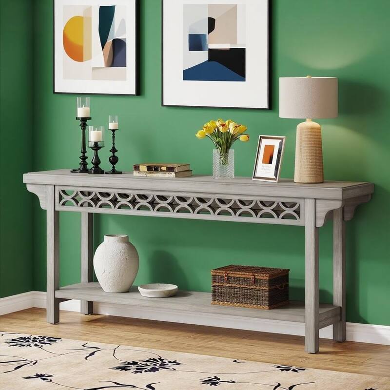 Farmhouse Console Table 71 Inch Solid Wood Sofa Table Hallway Entryway Accent Table with Adjustable Foot Pads