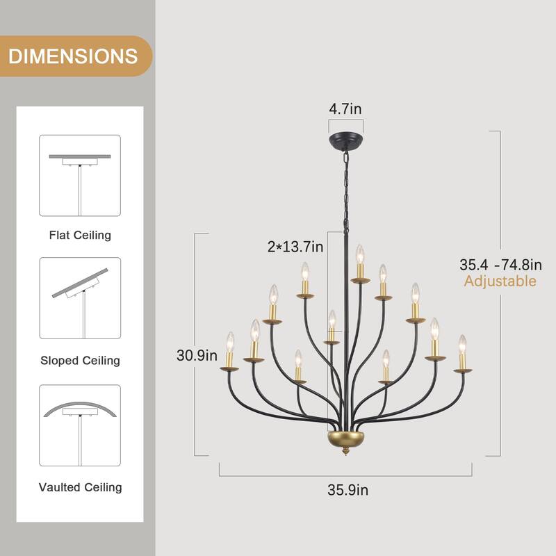 12-Light Candlestick Hanging Linear Chandelier Lighting 3-Tier Ceiling Light Fixture for Kitchen Island