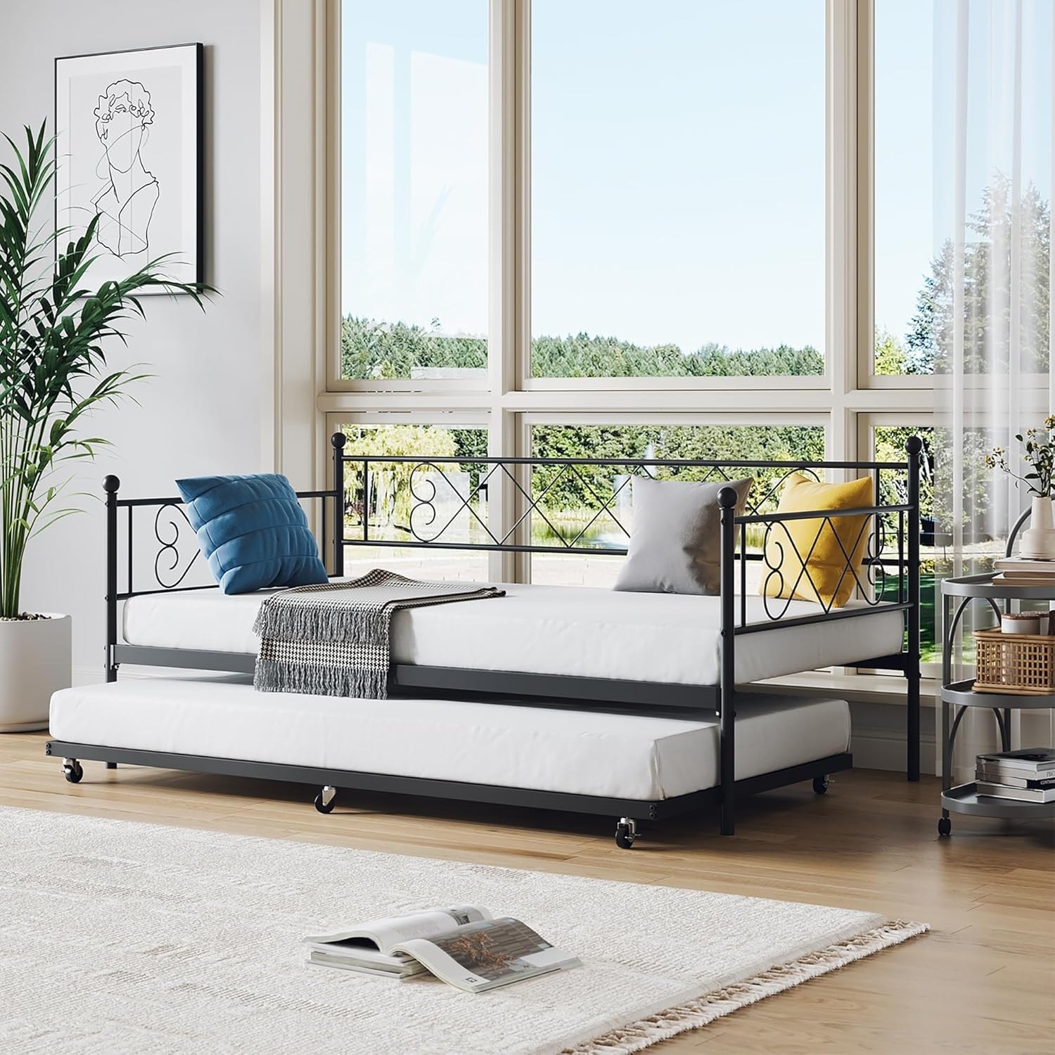 Twin Daybed with Pull-Out Trundle, Heart-Shaped Metal Headboard, Steel Sofa Bed Frame