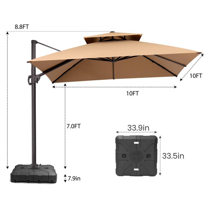 Pellebant Outdoor 10x10 FT Square Cantilever Patio Umbrella 360 Degree Rotation with HDPE Base