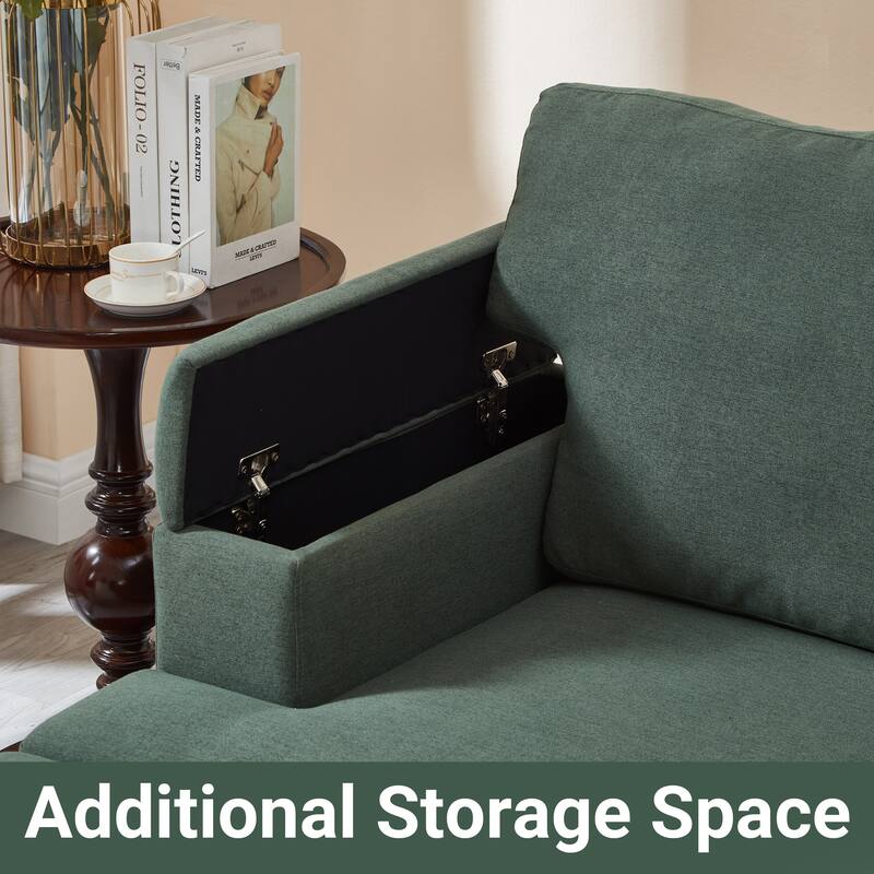 L Shaped 3 Seats Sofa with Armrest Organizer, Linen Sectional Sofa with Movable Ottoman, Comfy Upholstered 3 Seater Couch,