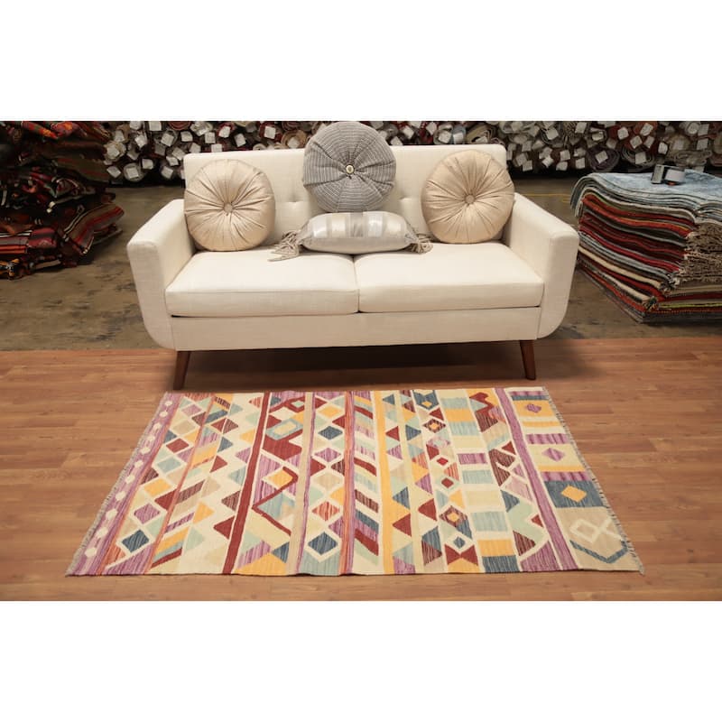 Hand Woven Oriental 100% Wool Carpet Southwestern Modern Multi-Colored Kilim Area Rug - 4' 10'' X 3' 1''