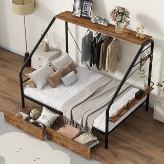 Full Size Metal Frame Platform Bed with Clothes Rack, Storage Shelves ...