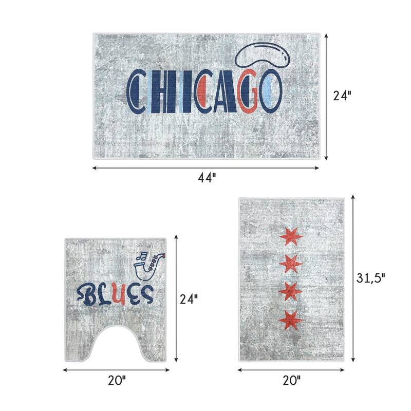 US States Design 3 Piece Bathroom Rugs Set - Non-Slip Ultra Thin Bath Rugs for Bathroom Floor - Washable Bathroom Mats Set