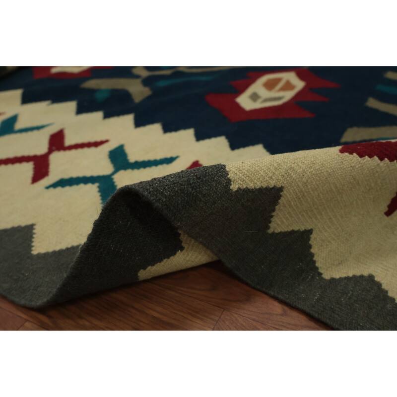 Hand Woven Oriental 100% Wool Carpet Southwestern Tribal Navy Blue & Blues Kilim Area Rug - 9' 11'' X 8' 2''