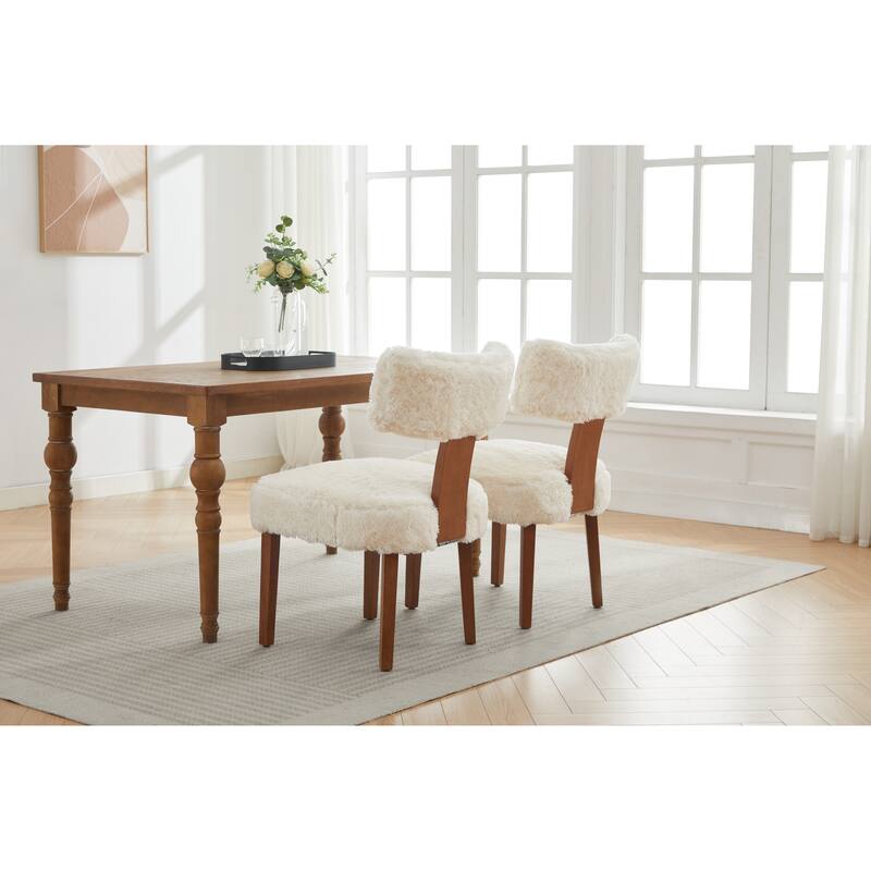 Set of 2 Fur Fabric Modern Armless Dining Chairs With Curved backrest and Solid Wooden Legs for Dining Room Living Room