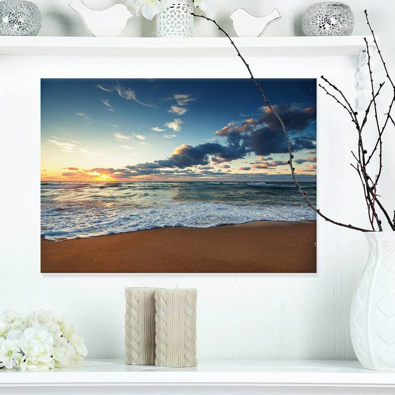 Sunrise and Glowing Waves in Ocean - Seashore Canvas Wall Art