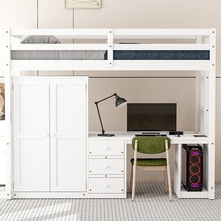Twin Loft Bed wStairs and Desk, Wardrobe and Storage Drawers, White