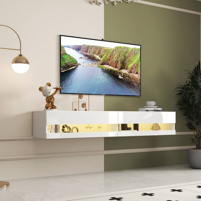 Roomfitters 80-Inch Floating TV Stand, Wall Mounted Entertainment Center with LED Lighting and Charging Station