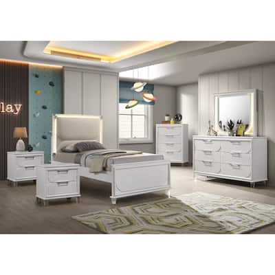 Furniture of America Drima Modern 6-Piece Pearl White Solid Wood Kids Platform Bedroom Set with LED