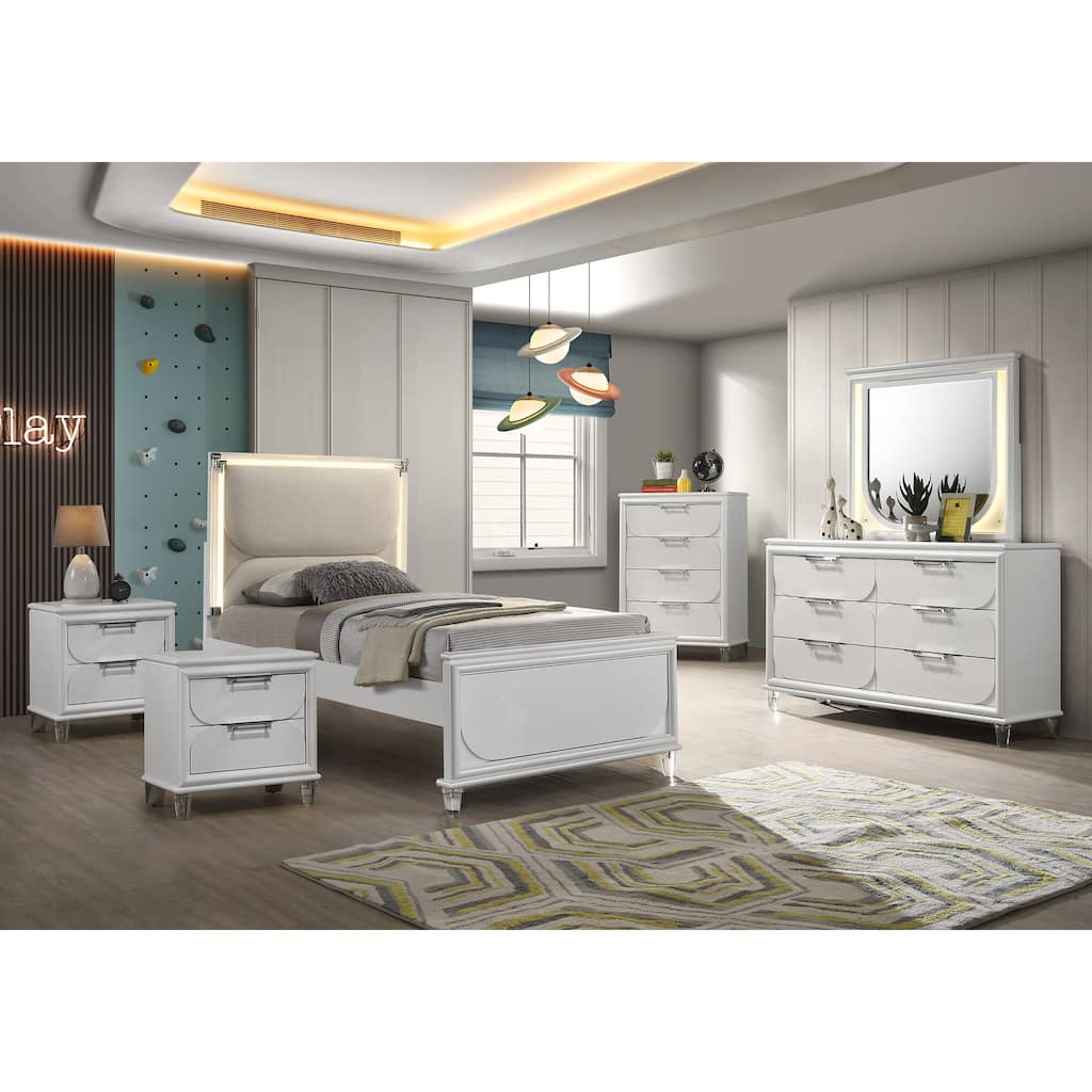 Furniture of America Drima Modern 6-Piece Pearl White Solid Wood Kids Platform Bedroom Set with LED