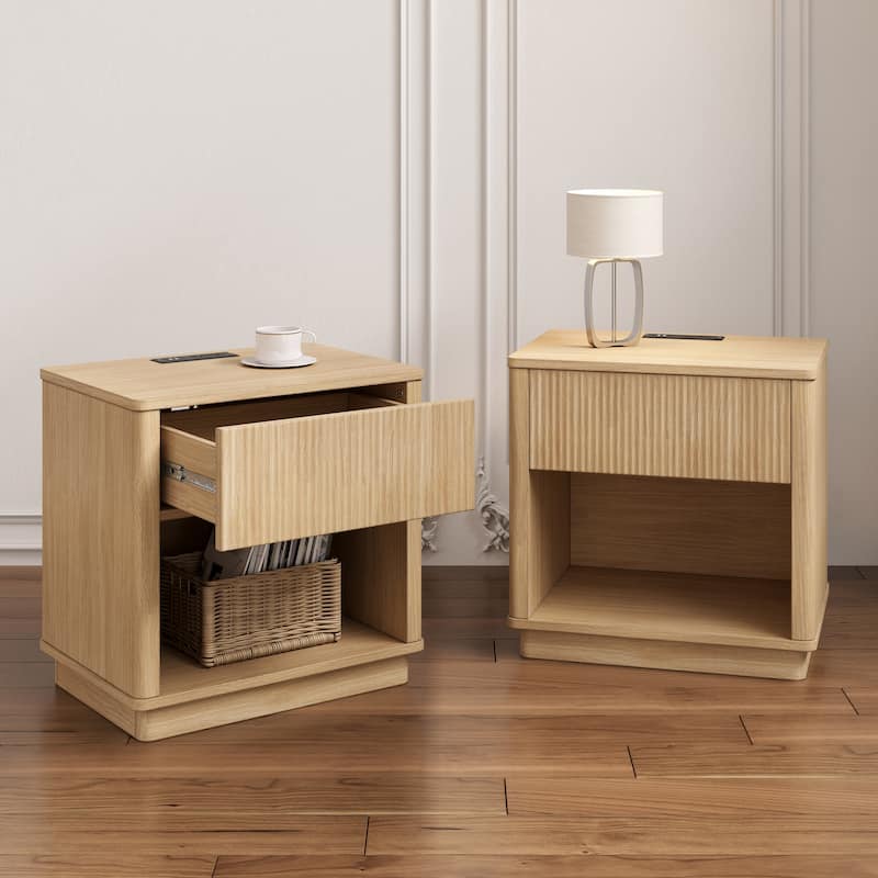 Modern Bedside Table with Charging Station and Storage Drawer