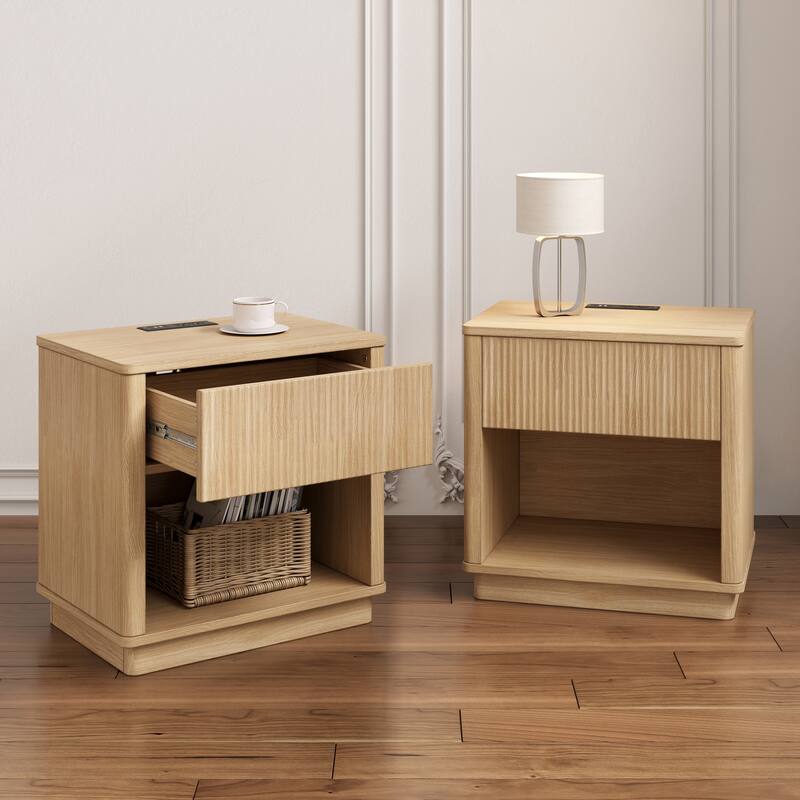 Roomfitters Modern Bedside Table with Integrated Charging Station & USB Ports, Sliding Storage & Open Shelf, Natural - Natural