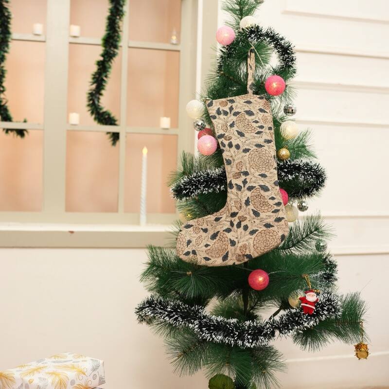 Fabdivine Handmade Linen Floral Block Print Christmas Stocking Home Décor Perfect for Gift - 10"X4.5"