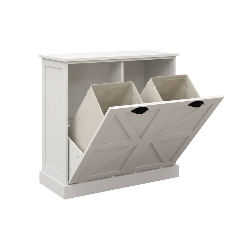 Modern Laundry Sorter Cabinet with Two Compartments and Removable Cloth Bags