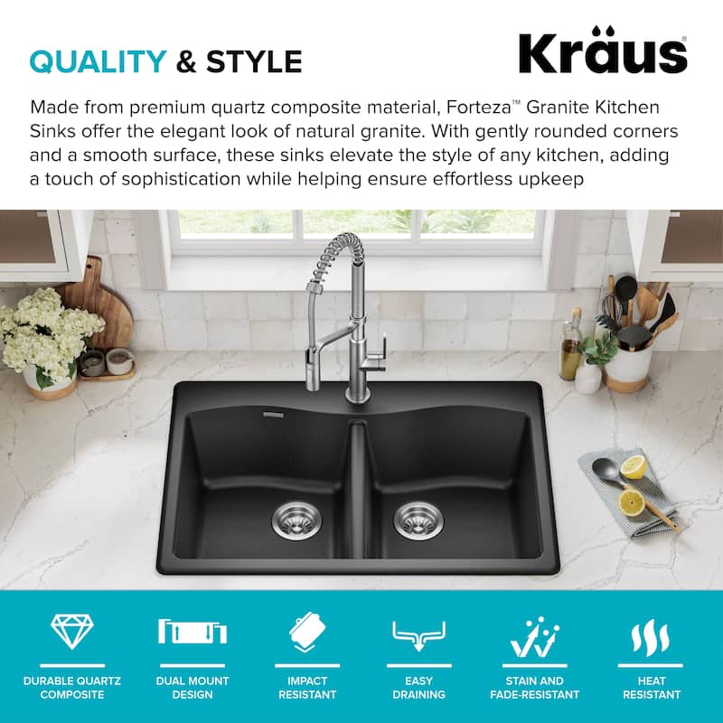 KRAUS Forteza Granite 33 inch 50/50 Undermount Drop-in Kitchen Sink
