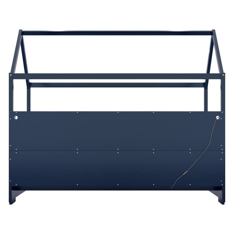 Twin Size Wood House Bed with LED Light and Storage Bookshelf, Floor House Bed with Guardrails