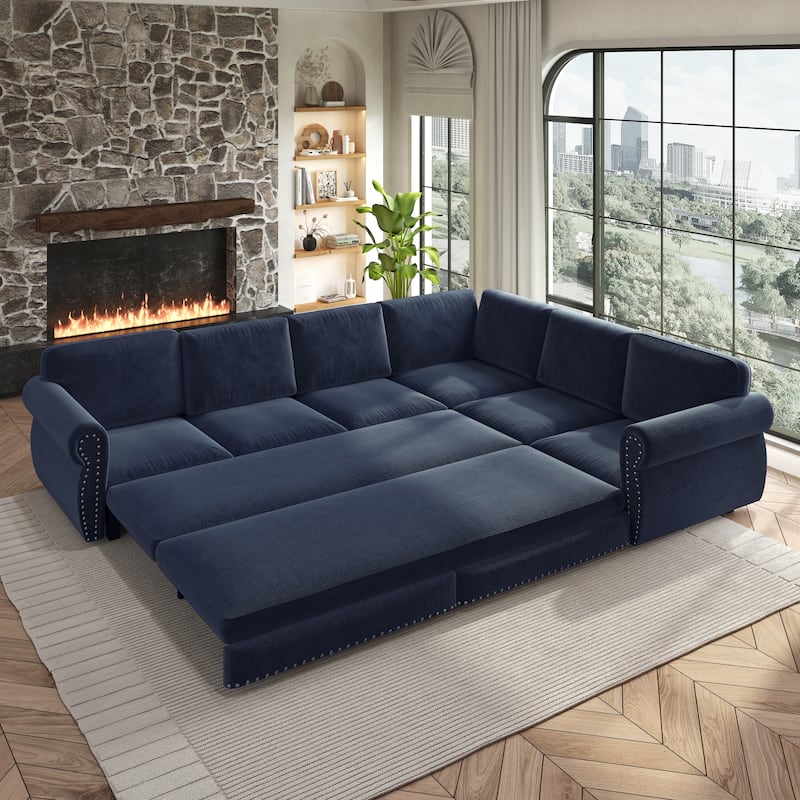 L-Shaped Sectional Sofa with Pull-Out Bed, Oversize Convertible Sleeper Sofa with Rolled Arms, Chenille Upholstery