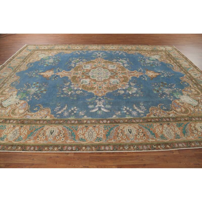 Blue Tabriz Persian Vintage Rug Hand-Knotted Wool Carpet - 9'6"x 12'9"