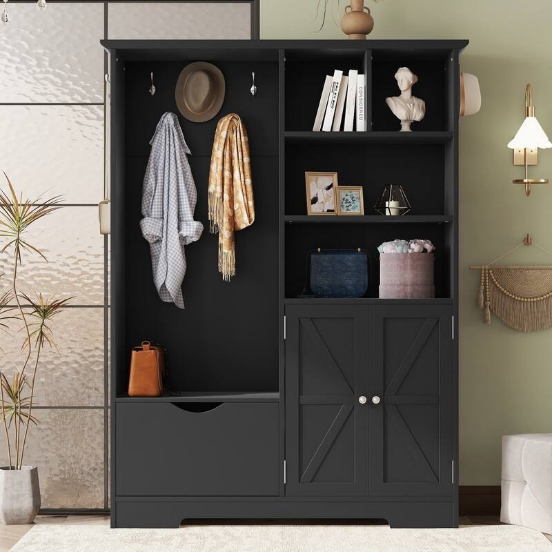 73.2"H Multi-functional Hall Tree with Storage Shelves Drawers and Cabinet - Black