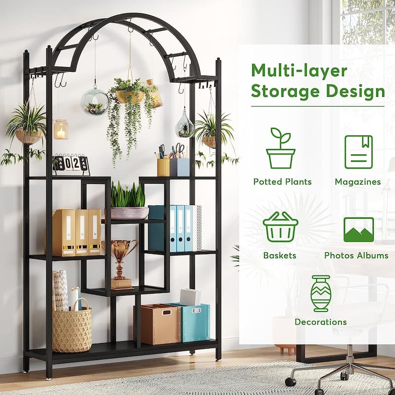 5-tier Indoor Plant Stand Metal Plant Shelf with Hanging Hooks